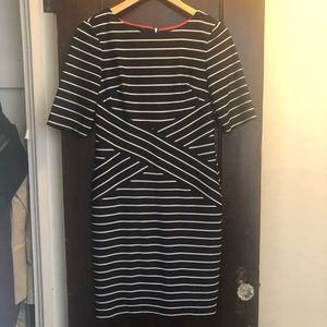 Navy/white striped sheath dress. Flattering waist.